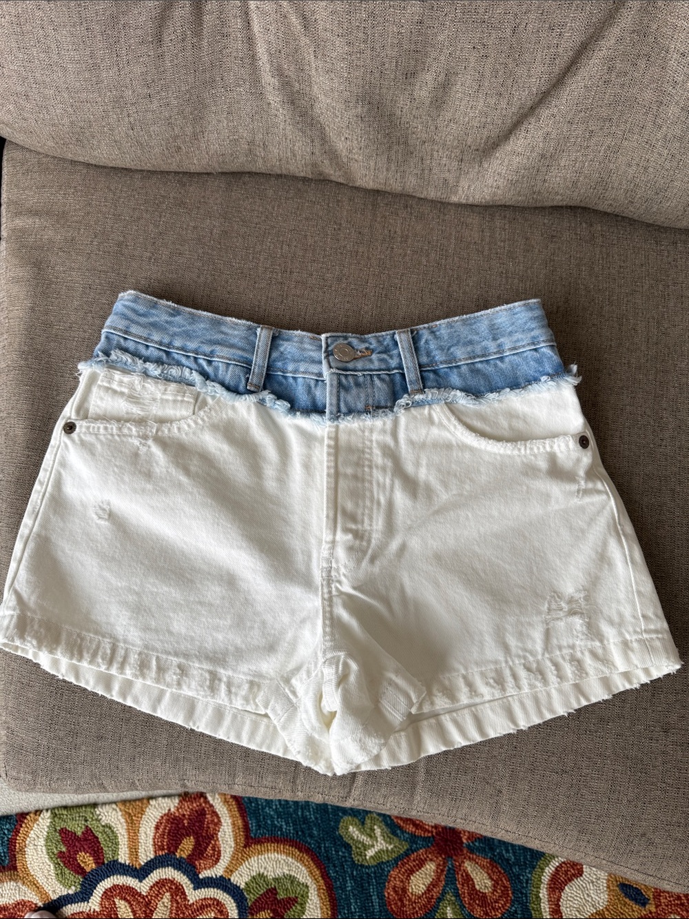 Zara White Denim Shorts with Light Blue Waistband